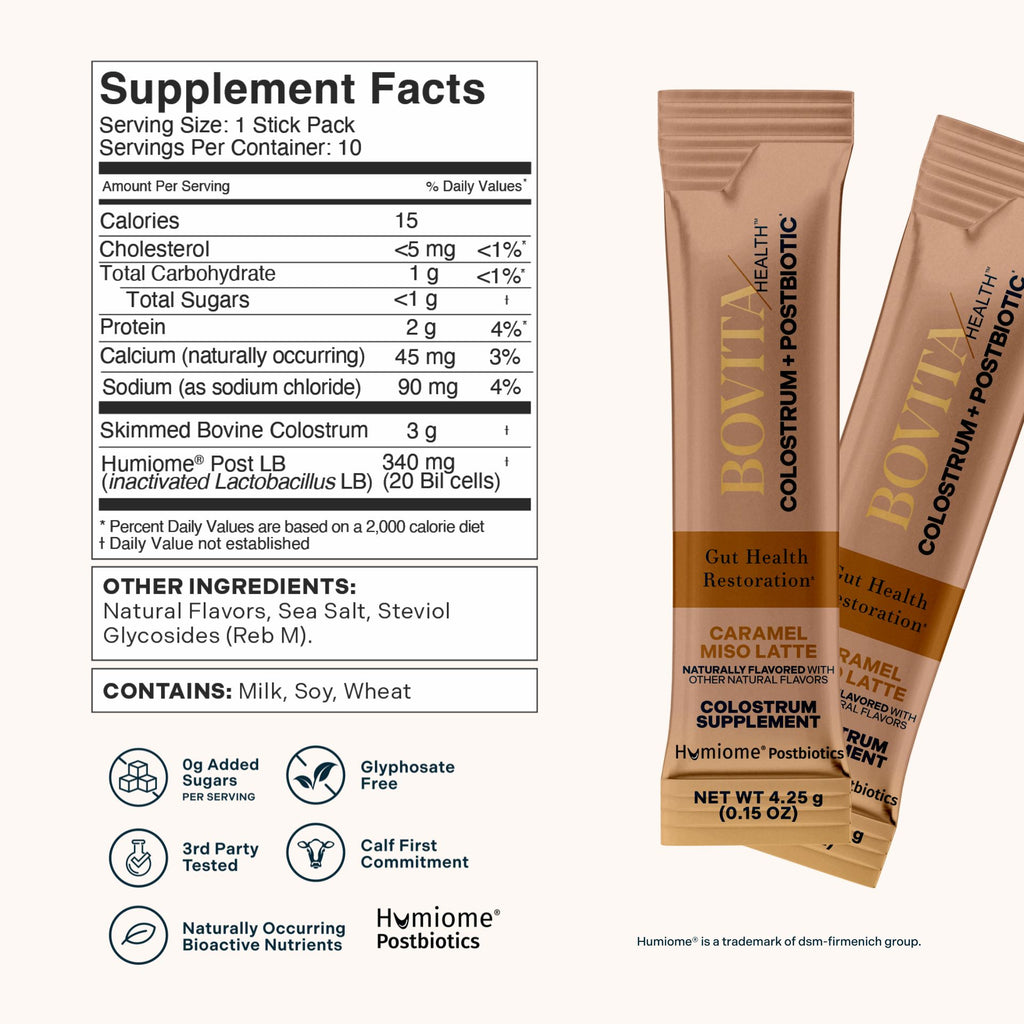 Bovita Health Colostrum + Postbiotic Caramel Miso Latte, 10-Count Stick Pack Pouch 5