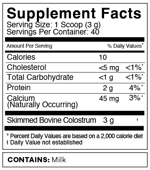 Bovita Health Colostrum Supplement Facts 40 Serving Pouch - Unflavored