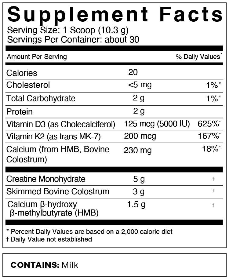 Bovita Health Colostrum + Creatine Supplement Facts 30 Serving Bag - Unflavored