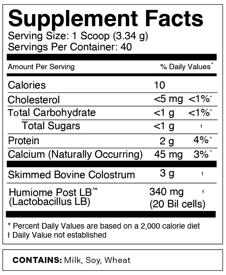 Bovita Health Colostrum + Postbiotic Supplement Facts 40 Serving Bag - Unflavored